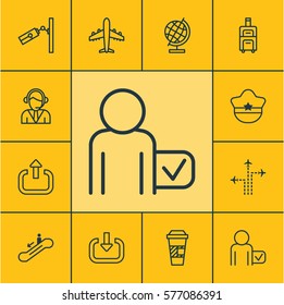Set Of 12 Traveling Icons. Includes Enter, Flight Path, Escalator Down And Other Symbols. Beautiful Design Elements.