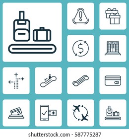 Set Of 12 Traveling Icons. Includes Flight Path, Credit Card, Airfield Manufacture And Other Symbols. Beautiful Design Elements.