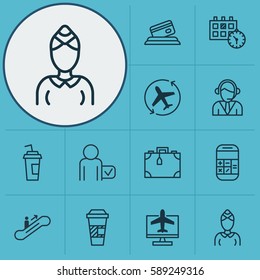 Set Of 12 Traveling Icons. Includes Hostess, Drink Cup, Globetrotter And Other Symbols. Beautiful Design Elements.