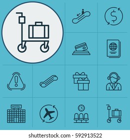 Set Of 12 Traveling Icons. Includes Resort Development, Seats, Stair Lift And Other Symbols. Beautiful Design Elements.