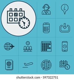 Set Of 12 Traveling Icons. Includes Enter, Departure Information, Info Pointer And Other Symbols. Beautiful Design Elements.