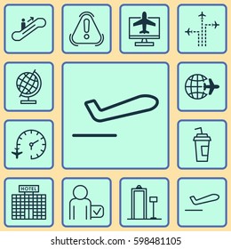 Set Of 12 Traveling Icons. Includes Drink Cup, Internet Ticket, Globetrotter And Other Symbols. Beautiful Design Elements.