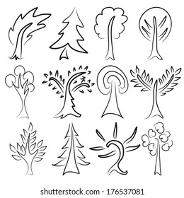set of 12 tree sketches, design elements