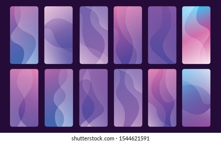 Set of 12 trendy abstract backgrounds for mobile phones using gradients and waves lines. Abstract mobile wallpapers.