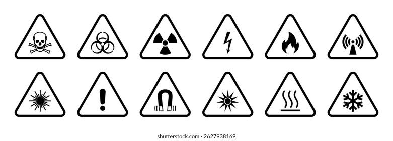 Conjunto de 12 sinais triangulares de advertência de perigo, incluindo ícones tóxicos, de risco biológico, de radiação, de choque elétrico, inflamáveis, EMF, laser, de precaução, de ímã, UV, de superfície quente e de risco de frio.