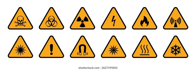 Conjunto de 12 sinais de aviso triangulares de risco amarelo, incluindo ícones de tóxicos, risco biológico, radiação, choque elétrico, fogo, EMF, laser, cuidado, ímã, UV, superfície quente e risco de frio.