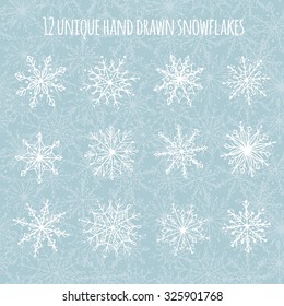 Set of 12 unique hand drawn snowflakes (+ seamless snowflakes background)