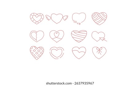 A set of 12 unique hand-drawn hearts, each with different patterns and styles