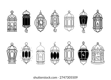 A set of 12 unique lantern illustrations with diverse shapes, sizes, and patterns, showcasing traditional and cultural designs.