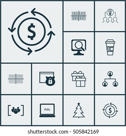 Set Of 12 Universal Editable Icons. Can Be Used For Web, Mobile And App Design. Includes Icons Such As Decorated Tree, Money Recycle, Takeaway Coffee And More.