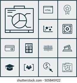 Set Of 12 Universal Editable Icons. Can Be Used For Web, Mobile And App Design. Includes Icons Such As Coding, Credit Card, Present Badge And More.