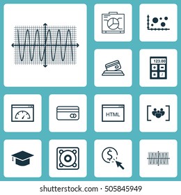 Set Of 12 Universal Editable Icons. Can Be Used For Web, Mobile And App Design. Includes Icons Such As Sinus Graph, Music, Board And More.