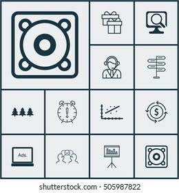 Set Of 12 Universal Editable Icons. Can Be Used For Web, Mobile And App Design. Includes Icons Such As Opportunity, Music, Time Management And More.