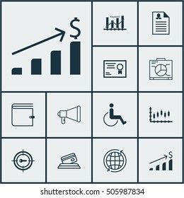 Set Of 12 Universal Editable Icons. Can Be Used For Web, Mobile And App Design. Includes Icons Such As World, Successful Investment, Announcement And More.