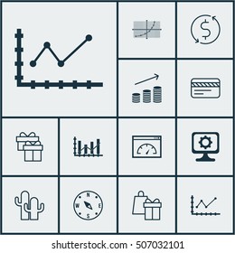 Set Of 12 Universal Editable Icons. Can Be Used For Web, Mobile And App Design. Includes Icons Such As Shopping, Line Grid, Changes Graph And More.