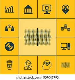 Set Of 12 Universal Editable Icons. Can Be Used For Web, Mobile And App Design. Includes Icons Such As Desktop Computer, Cosinus Diagram, Operator And More.