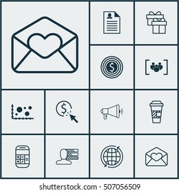 Set Of 12 Universal Editable Icons. Can Be Used For Web, Mobile And App Design. Includes Icons Such As Media Campaign, Calculation, Greeting Email And More.