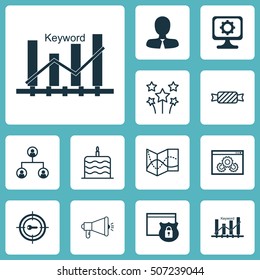 Set Of 12 Universal Editable Icons. Can Be Used For Web, Mobile And App Design. Includes Icons Such As Sweet, Media Campaign, PC And More.