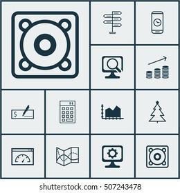 Set Of 12 Universal Editable Icons. Can Be Used For Web, Mobile And App Design. Includes Icons Such As Music, Coins Growth, Decorated Tree And More.