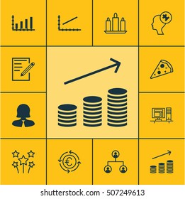 Set Of 12 Universal Editable Icons. Can Be Used For Web, Mobile And App Design. Includes Icons Such As Paper, Human Mind, Coins Growth And More.