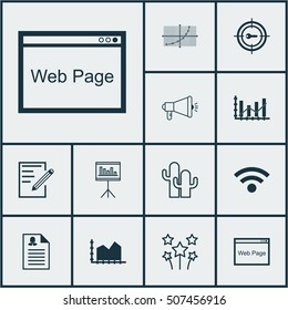 Set Of 12 Universal Editable Icons. Can Be Used For Web, Mobile And App Design. Includes Icons Such As Cacti, Festive Fireworks, Raise Diagram And More.