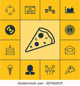 Set Of 12 Universal Editable Icons. Can Be Used For Web, Mobile And App Design. Includes Icons Such As Frozen Food, Sequence Graphics, Festive Fireworks And More.