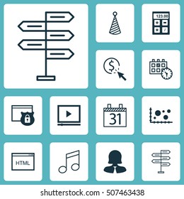 Set Of 12 Universal Editable Icons. Can Be Used For Web, Mobile And App Design. Includes Icons Such As Video Player, Financial, Security And More.