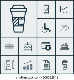 Set Of 12 Universal Editable Icons. Can Be Used For Web, Mobile And App Design. Includes Icons Such As Analytics, Accessibility, Takeaway Coffee And More.
