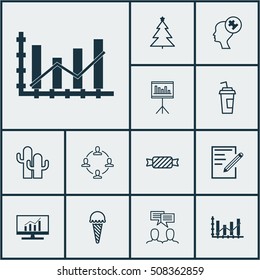 Set Of 12 Universal Editable Icons. Can Be Used For Web, Mobile And App Design. Includes Icons Such As Paper, Presentation, Decorated Tree And More.