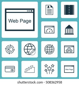 Set Of 12 Universal Editable Icons. Can Be Used For Web, Mobile And App Design. Includes Icons Such As World, Website Performance, Plastic Card And More.