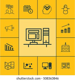 Set Of 12 Universal Editable Icons. Can Be Used For Web, Mobile And App Design. Includes Icons Such As Celebration Cake, Computer, Winter And More.