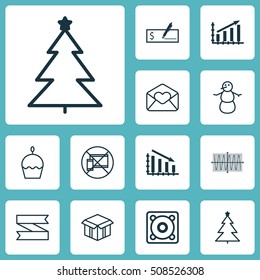 Set Of 12 Universal Editable Icons. Can Be Used For Web, Mobile And App Design. Includes Icons Such As Open Cardboard, Decorated Tree, Winter And More.