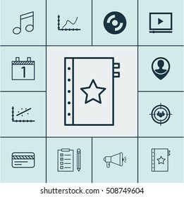 Set Of 12 Universal Editable Icons. Can Be Used For Web, Mobile And App Design. Includes Icons Such As Video Player, Focus Group, Crotchets And More.