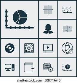 Set Of 12 Universal Editable Icons. Can Be Used For Web, Mobile And App Design. Includes Icons Such As Business Woman, Music, Line Grid And More.