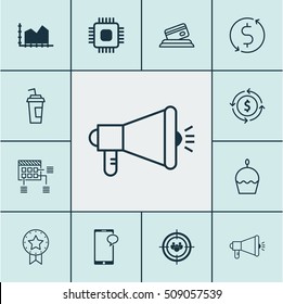 Set Of 12 Universal Editable Icons. Can Be Used For Web, Mobile And App Design. Includes Icons Such As Sequence Graphics, Media Campaign, Present Badge And More.