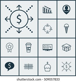 Set Of 12 Universal Editable Icons. Can Be Used For Web, Mobile And App Design. Includes Icons Such As Money, Business Deal, Birthday Cake And More.