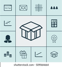 Set Of 12 Universal Editable Icons. Can Be Used For Web, Mobile And App Design. Includes Icons Such As Present Badge, Money, Open Cardboard And More.