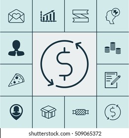 Set Of 12 Universal Editable Icons. Can Be Used For Web, Mobile And App Design. Includes Icons Such As Pin Employee, Money, Open Cardboard And More.