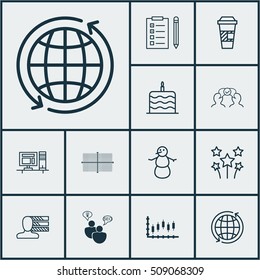 Set Of 12 Universal Editable Icons. Can Be Used For Web, Mobile And App Design. Includes Icons Such As Festive Fireworks, Takeaway Coffee, Square Diagram And More.