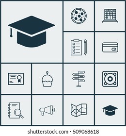 Set Of 12 Universal Editable Icons. Can Be Used For Web, Mobile And App Design. Includes Icons Such As Media Campaign, Birthday Cake, Plastic Card And More.