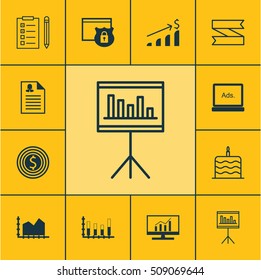 Set Of 12 Universal Editable Icons. Can Be Used For Web, Mobile And App Design. Includes Icons Such As Segmented Bar Graph, Business Goal, Presentation And More.