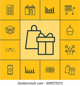 Set Of 12 Universal Editable Icons. Can Be Used For Web, Mobile And App Design. Includes Icons Such As Open Cardboard, Birthday Cake, Shopping And More.