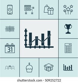 Set Of 12 Universal Editable Icons. Can Be Used For Web, Mobile And App Design. Includes Icons Such As Shopping, Festive Fireworks, Raise Diagram And More.