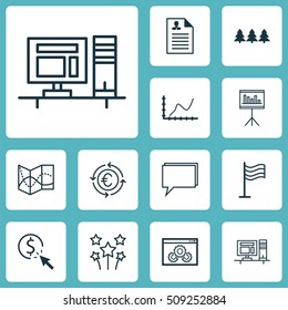 Set Of 12 Universal Editable Icons. Can Be Used For Web, Mobile And App Design. Includes Icons Such As Presentation, Achievement Graph, Currency Recycle And More.