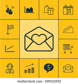 Set Of 12 Universal Editable Icons. Can Be Used For Web, Mobile And App Design. Includes Icons Such As Pin, Date, Growth And More.