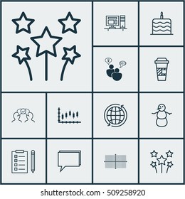 Set Of 12 Universal Editable Icons. Can Be Used For Web, Mobile And App Design. Includes Icons Such As Reminder, Celebration Cake, Stock Market And More.