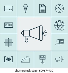 Set Of 12 Universal Editable Icons. Can Be Used For Web, Mobile And App Design. Includes Icons Such As Locate, Media Campaign, Graphical Grid And More.