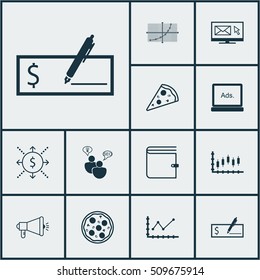 Set Of 12 Universal Editable Icons. Can Be Used For Web, Mobile And App Design. Includes Icons Such As Pizza Meal, Money, Digital Media And More.