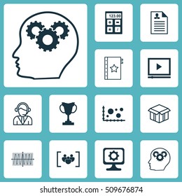 Set Of 12 Universal Editable Icons. Can Be Used For Web, Mobile And App Design. Includes Icons Such As Brain Process, PC, Curriculum Vitae And More.
