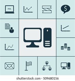 Set Of 12 Universal Editable Icons. Can Be Used For Web, Mobile And App Design. Includes Icons Such As Achievement Graph, Business Deal, Desktop Computer And More.